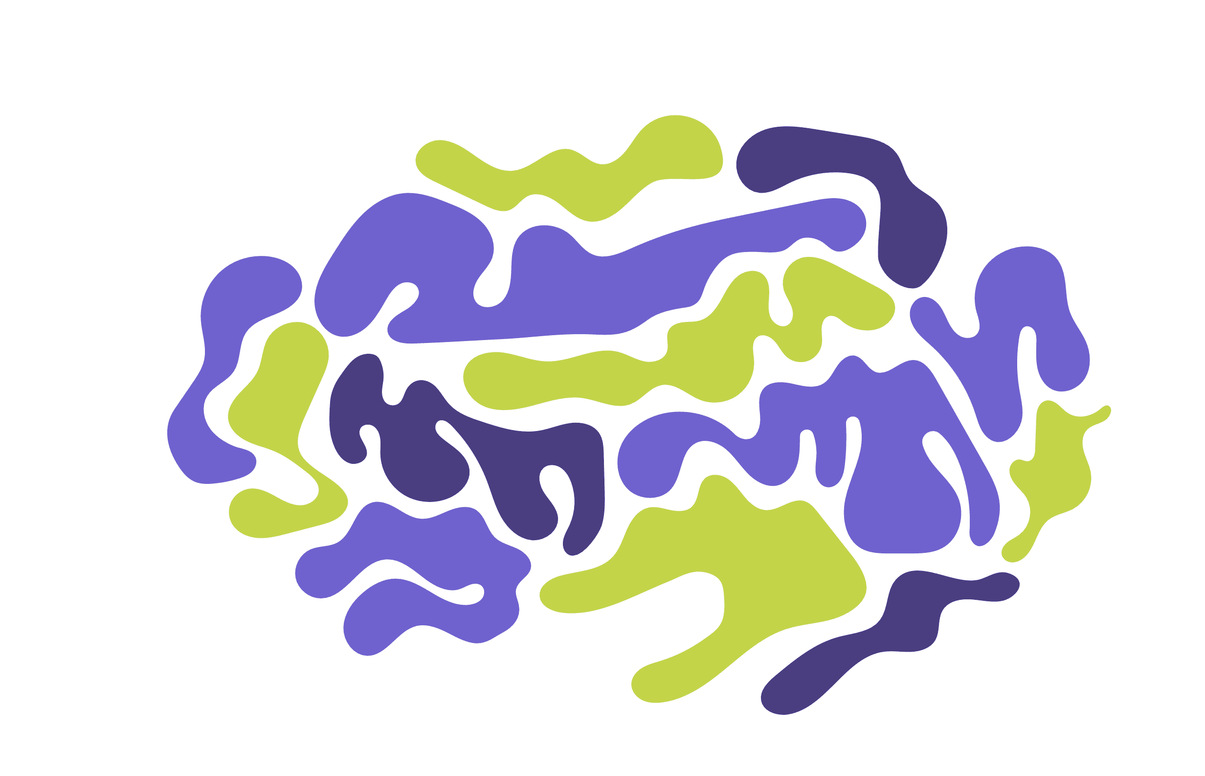 Abstract brain illustration composed of organic blob shapes in purple, lime, and deep purple representing Compassion, Support, and Growth
